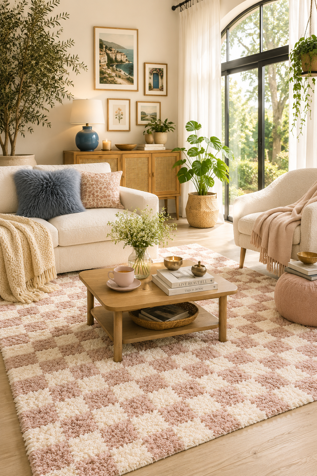 🦩 Pink Checkered Shag Rug